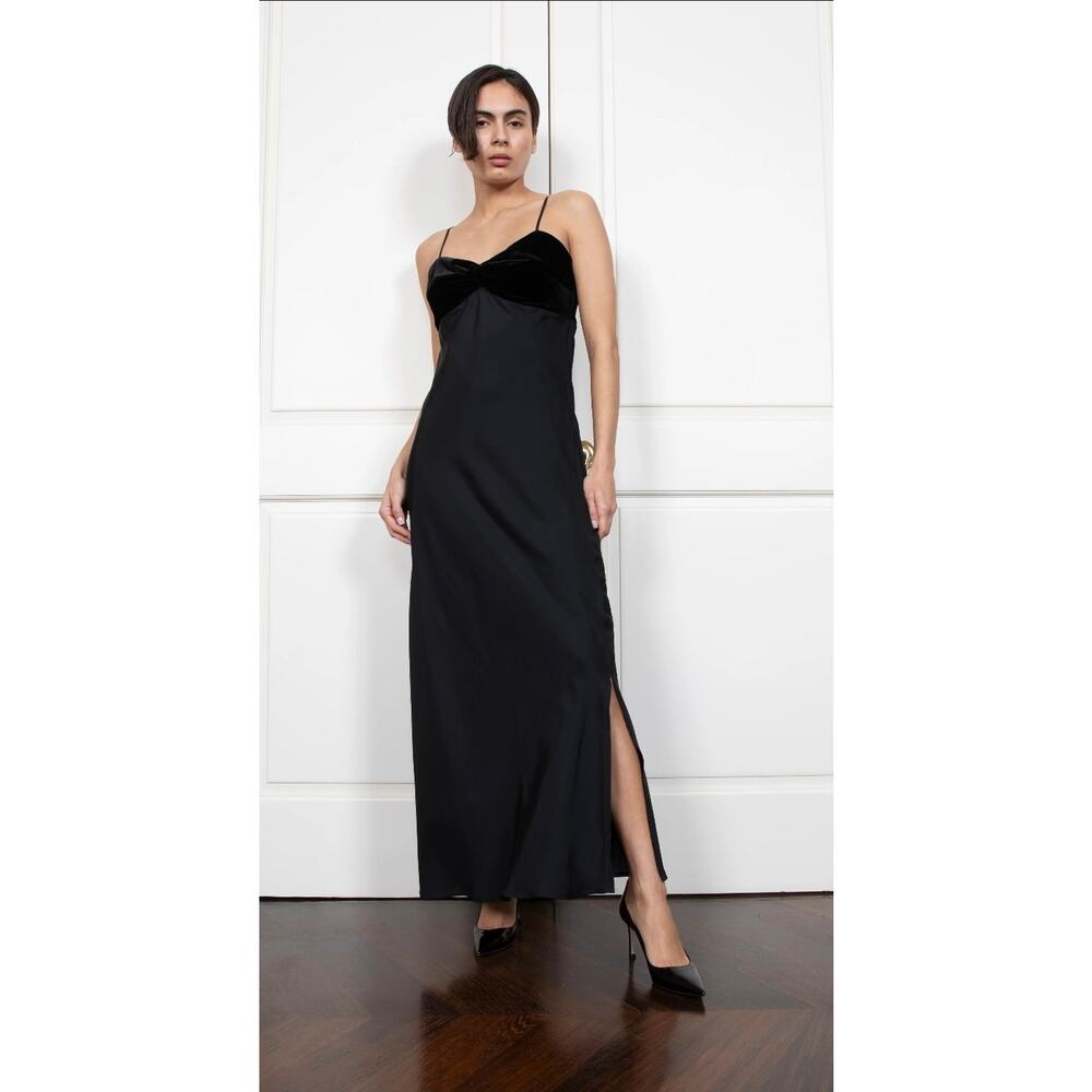 Gold Hawk Silk Maxi Dress Velvet Bust Side Slit Sample S